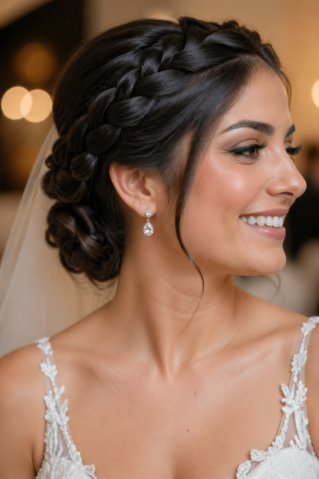 Close-up of a bride with a twist-and-braid updo designed for thick hair