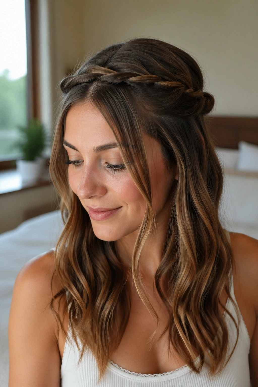 Close-up of a real woman wearing a twist-back crown braid with front twists pinned at the back
