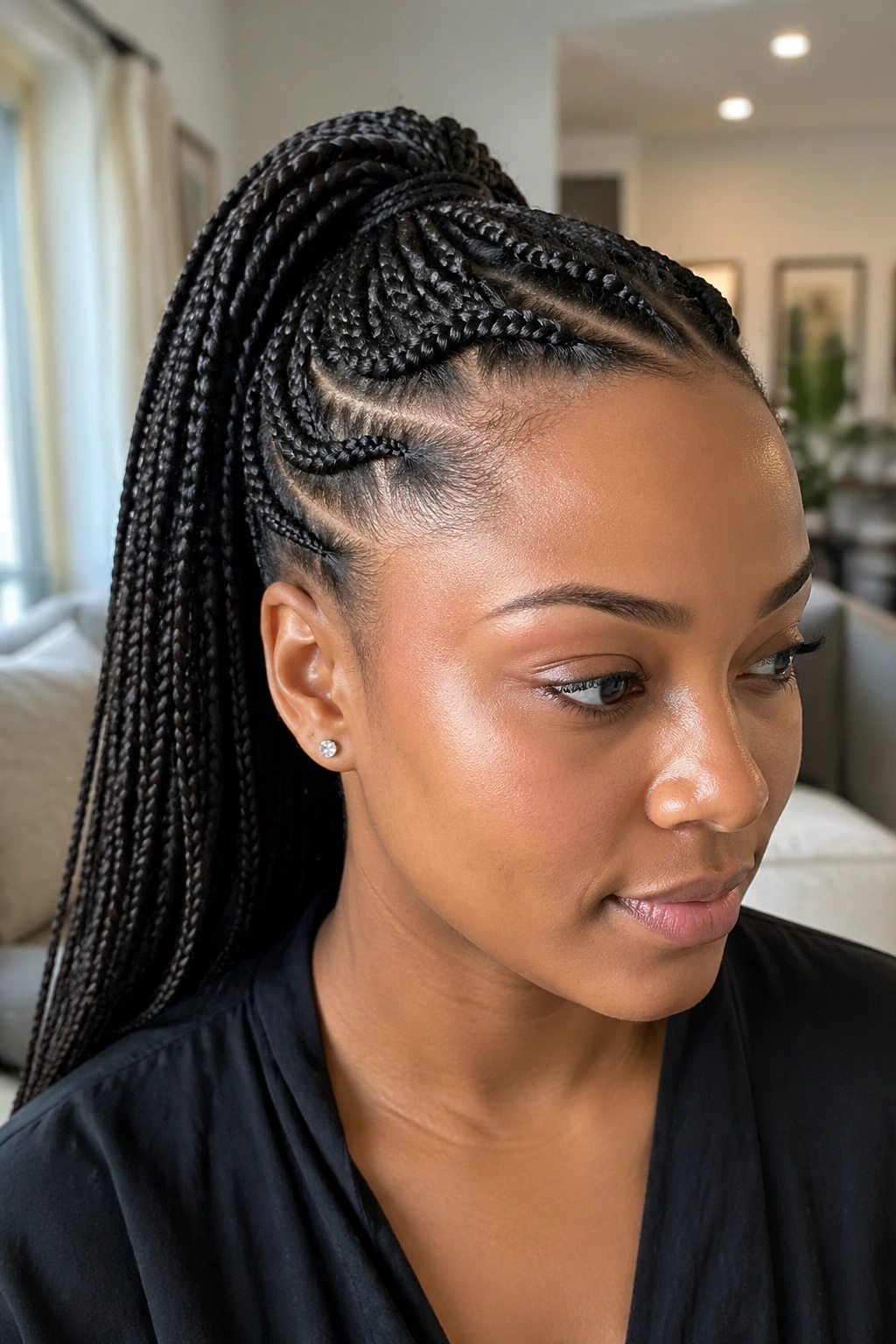 Close-up of a real woman with twist-back crown ponytail showing twists at the hairline