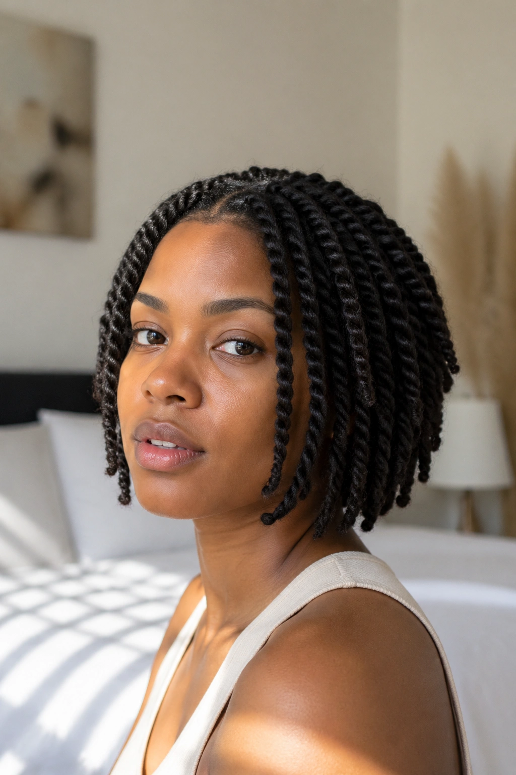Close-up of chin-length twist bob on a real woman.