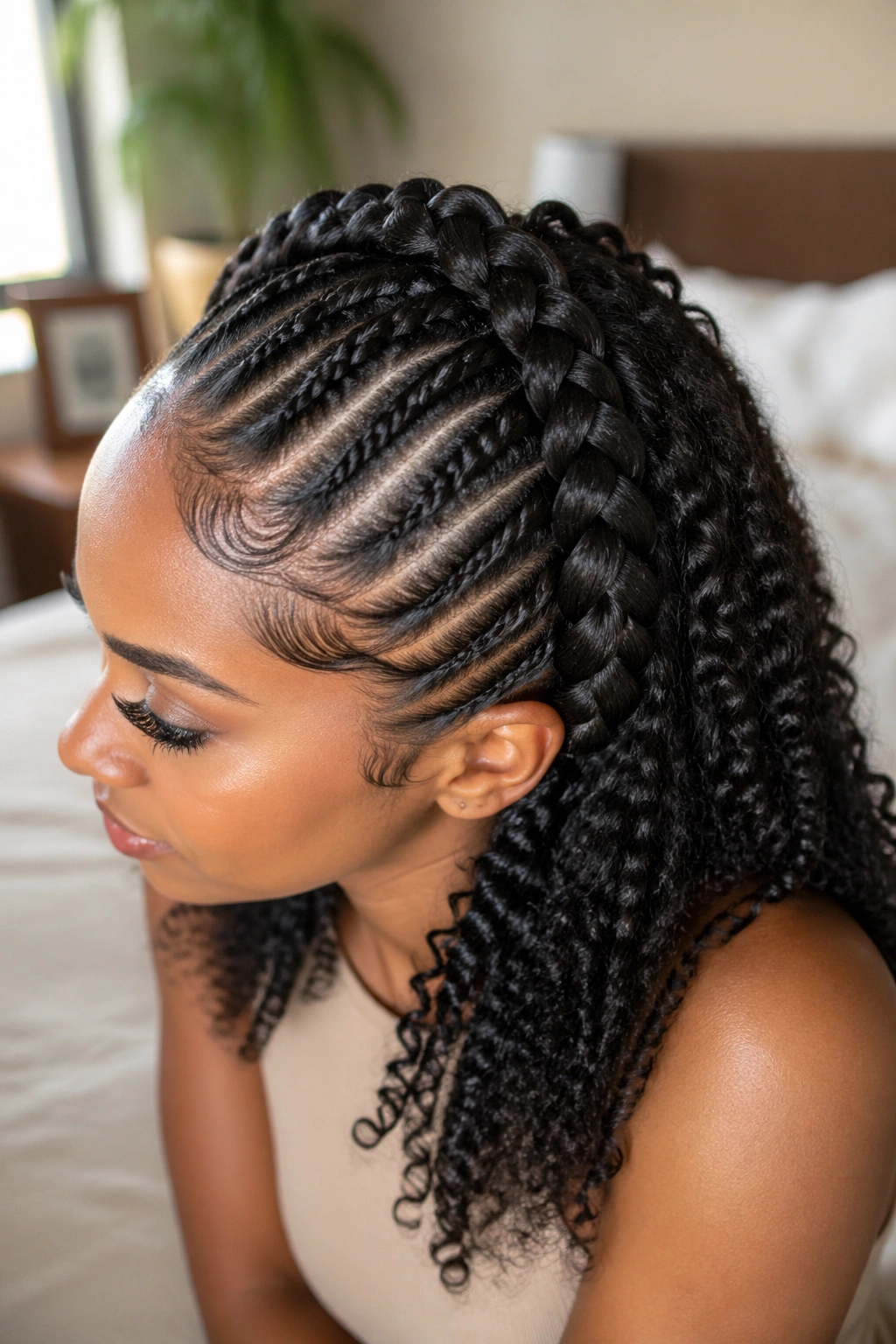Close-up of a real woman with twist-and-braid combo hairstyle at the front in warm window light.