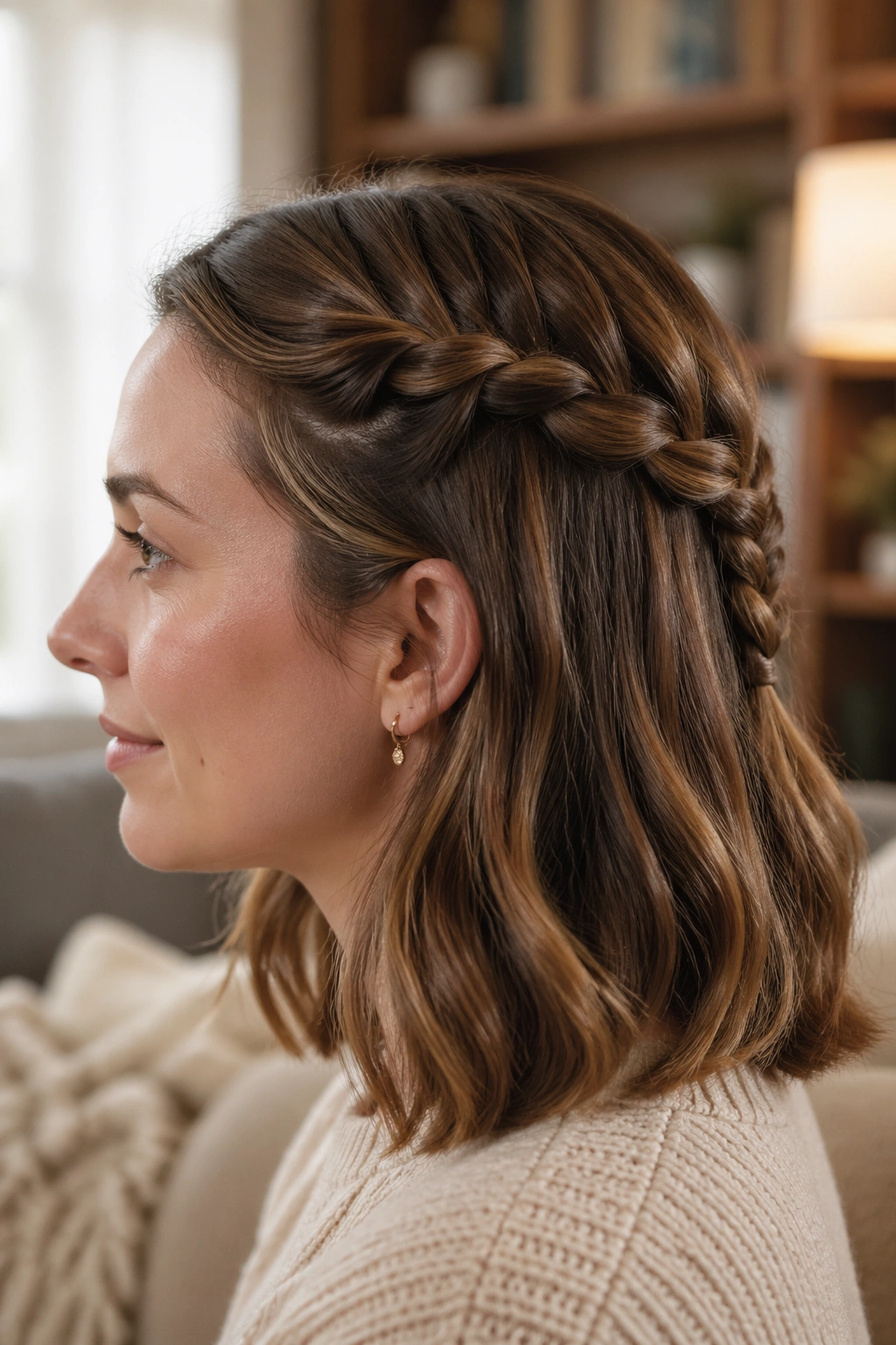 Close-up portrait of a real woman showing two temple twists merged into a braid on shoulder-length hair in natural window light