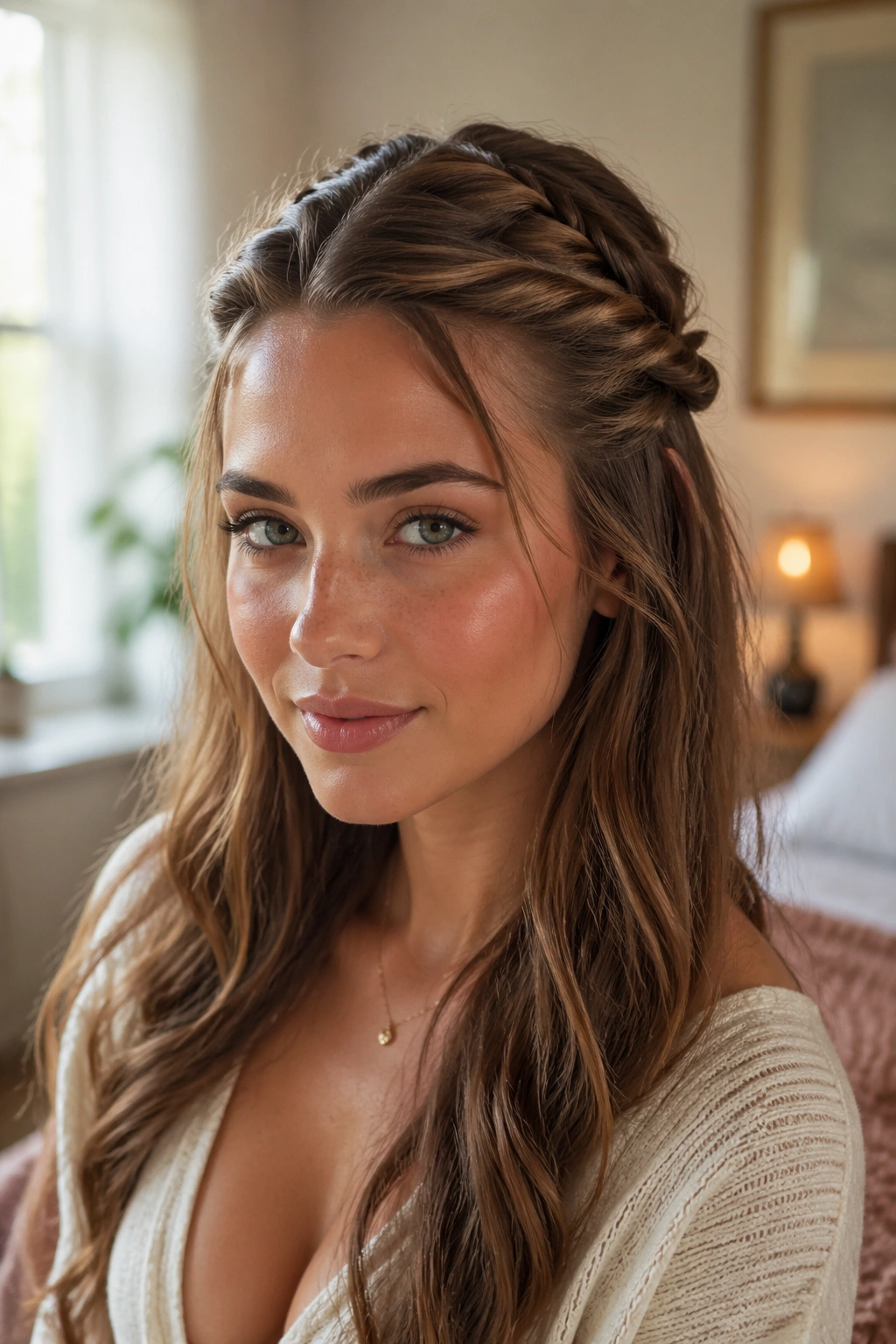 Close-up of real woman wearing Twist-and-Braid Hybrid Half-Up with temple twists and a loose French braid.