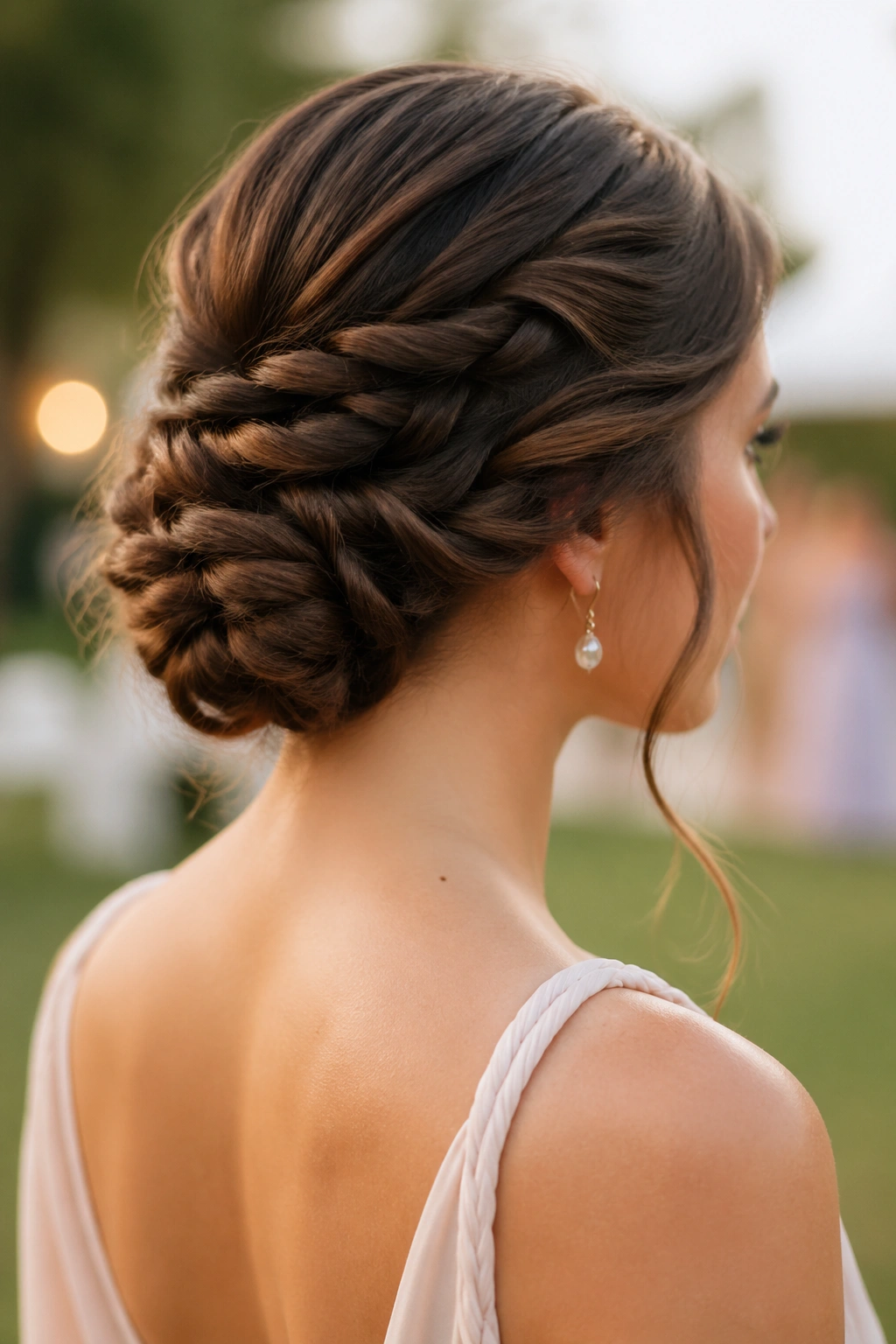 Portrait of a woman with a twist-into-braid updo.