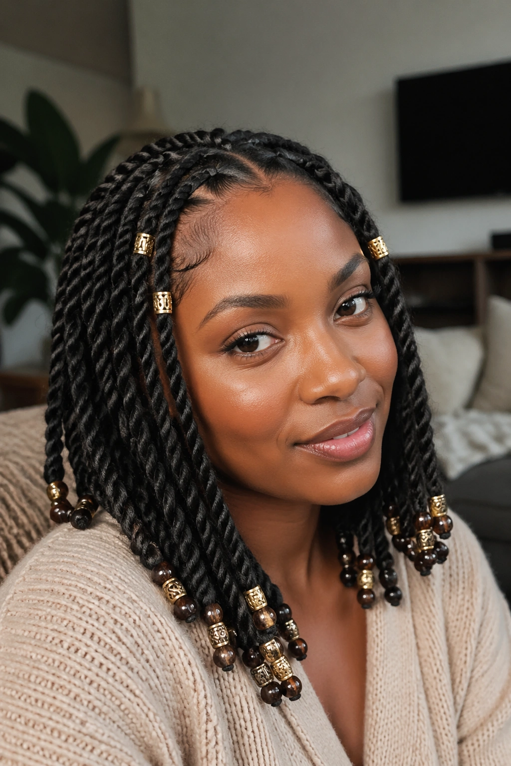 Close-up of twist braids with beads and cuffs on a real person in a calm living room