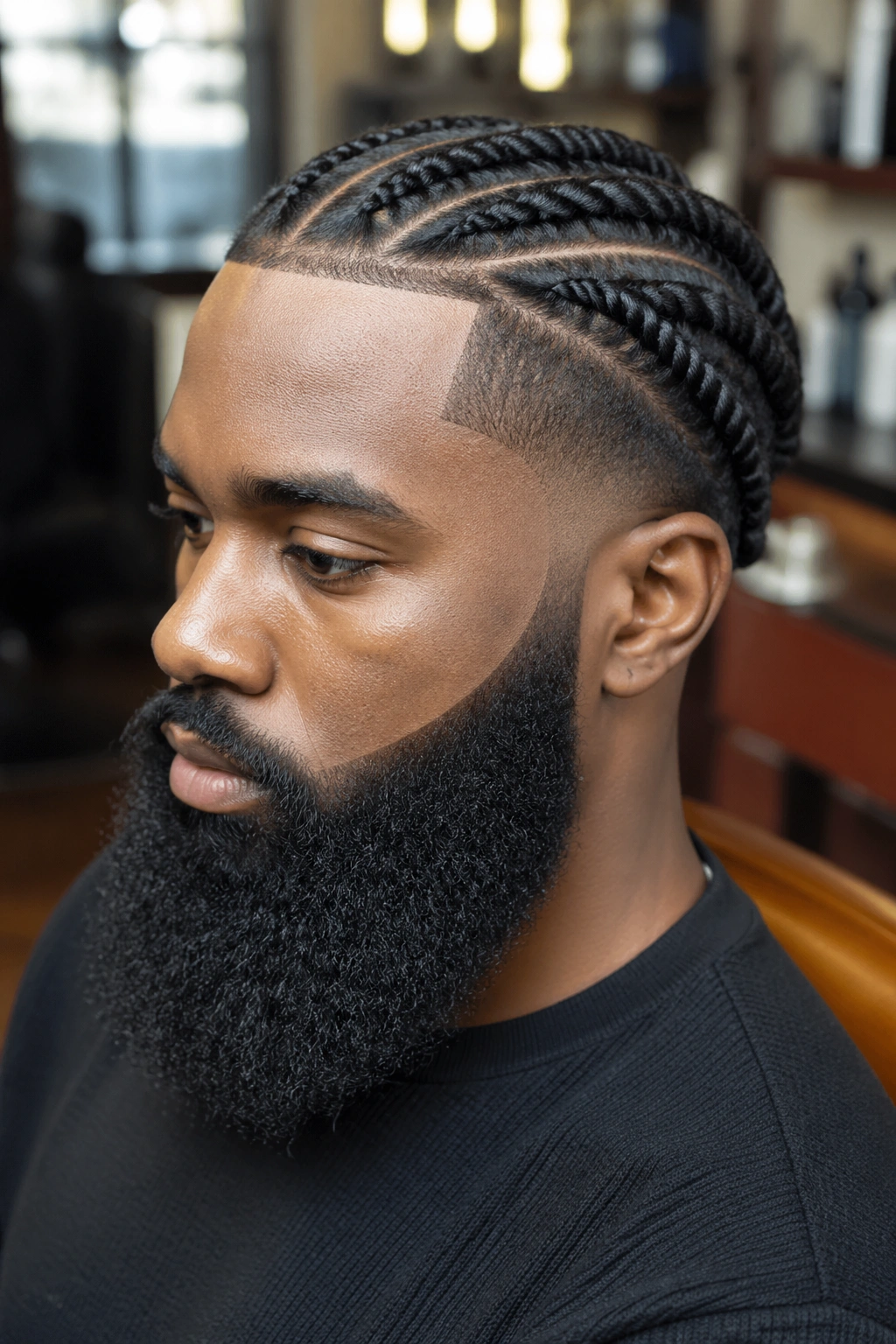 Close-up portrait of a man with twist braids, hard part, edge-up and neatly groomed beard in a barbershop setting