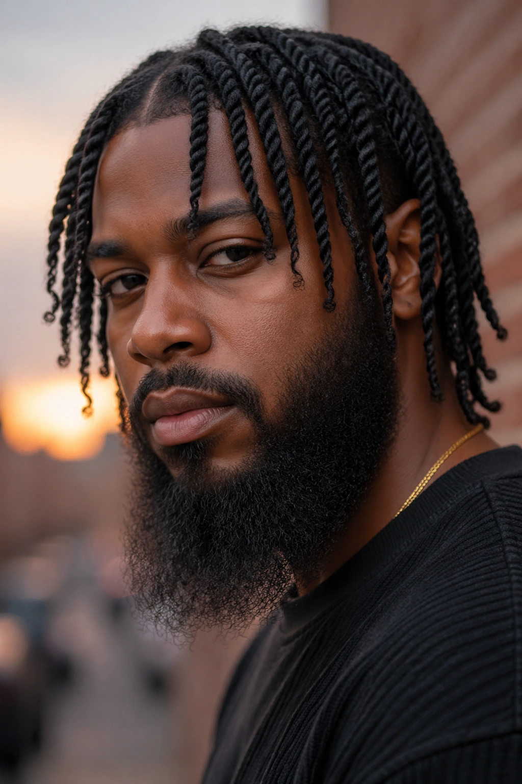 Close-up portrait of a man with twist braids and a natural beard in an urban dusk setting