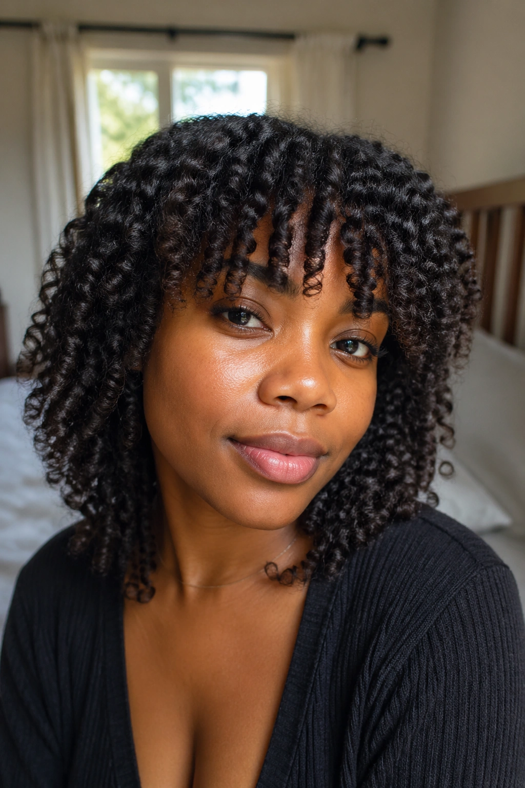 Close-up portrait of a woman with twist-out rounded bangs and curly hair framing her face