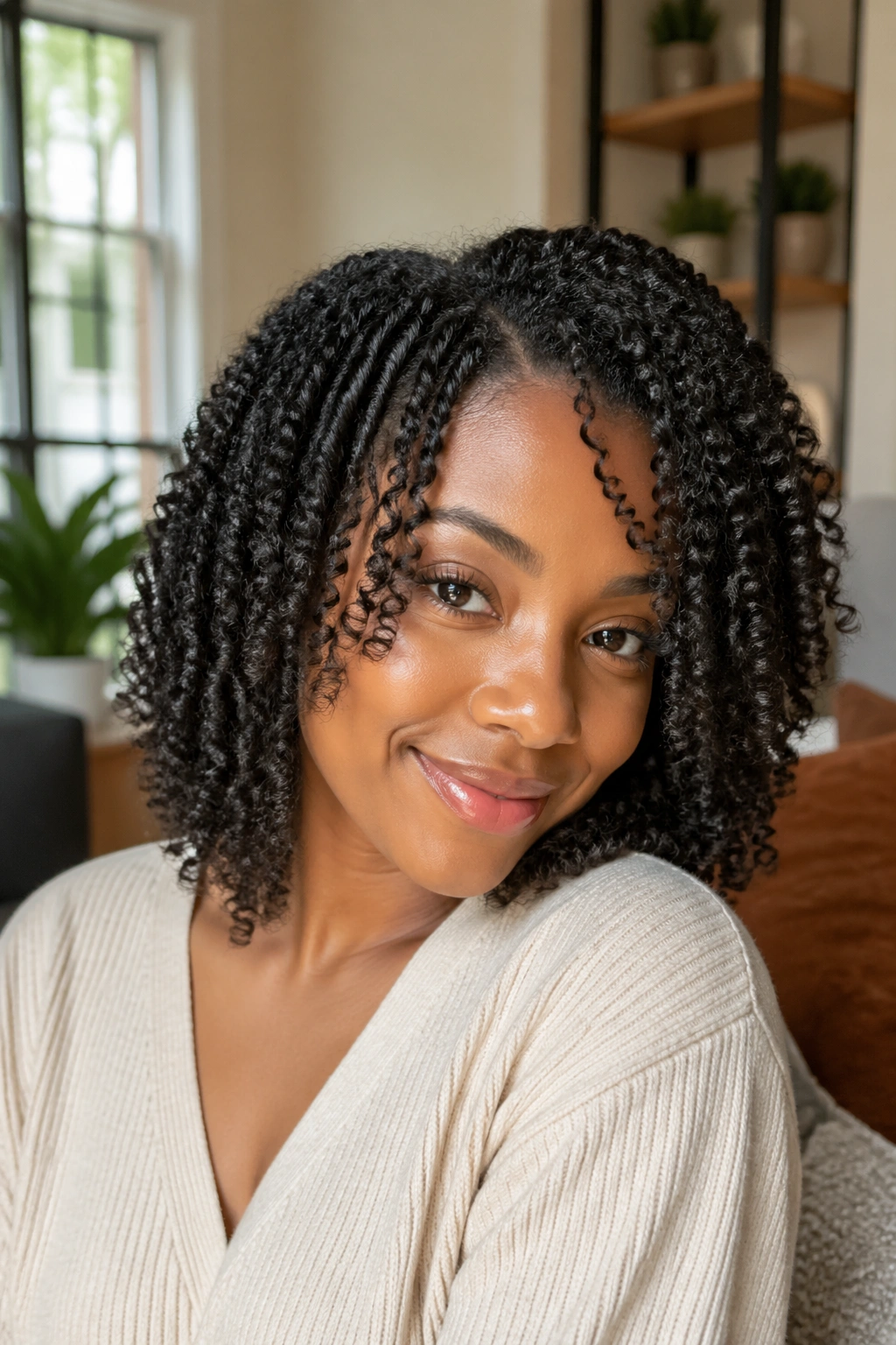 Close-up of a real woman with a twist-out lob showing defined twists