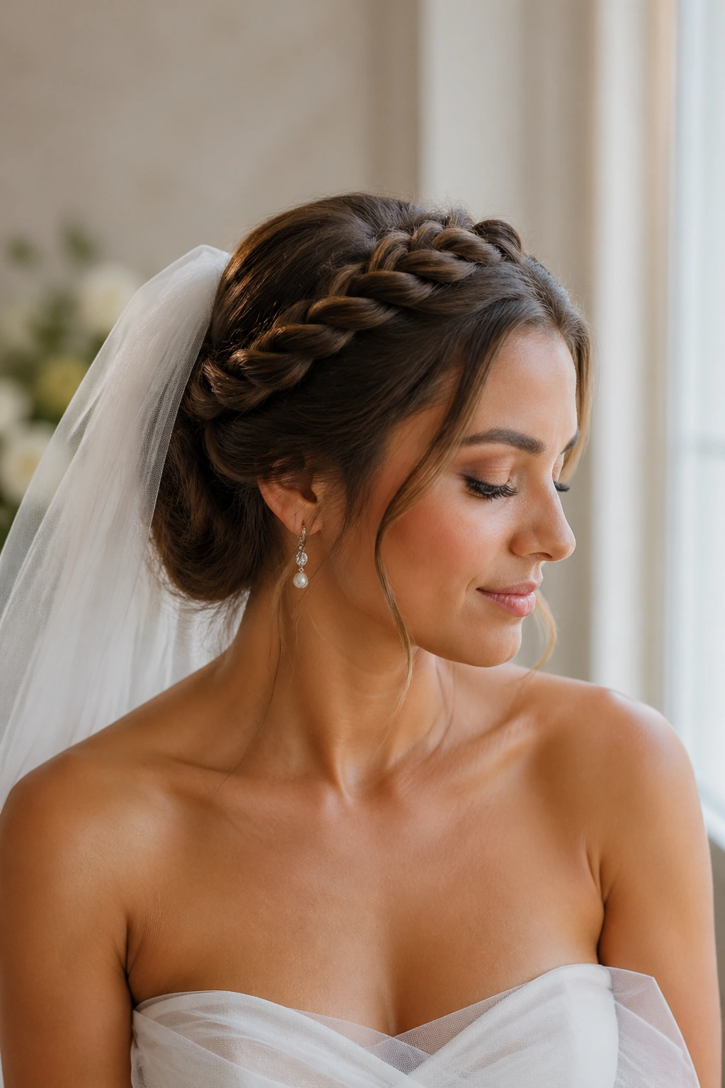Bride wearing a twisted braid crown with veil