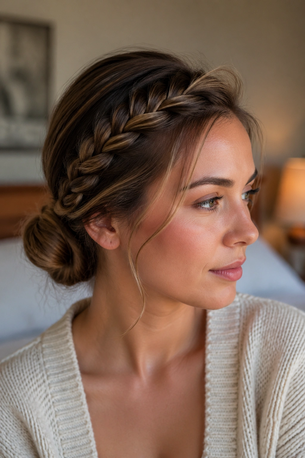 Close-up of a real woman with a twisted front braid into a low bun at the nape, asymmetric front framing.
