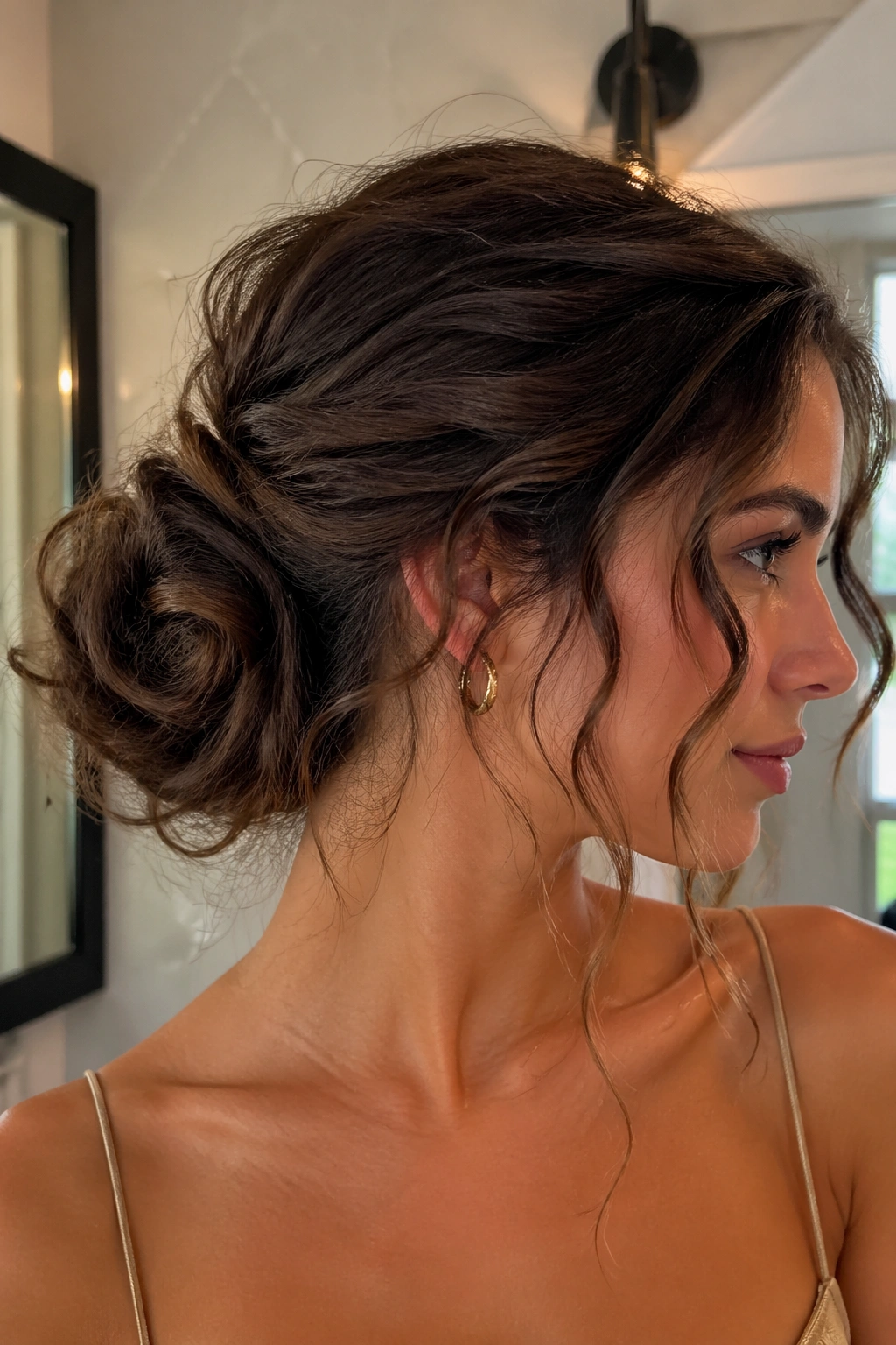 Portrait of a woman with a textured twisted bun and spirals framing her face in a bathroom setting