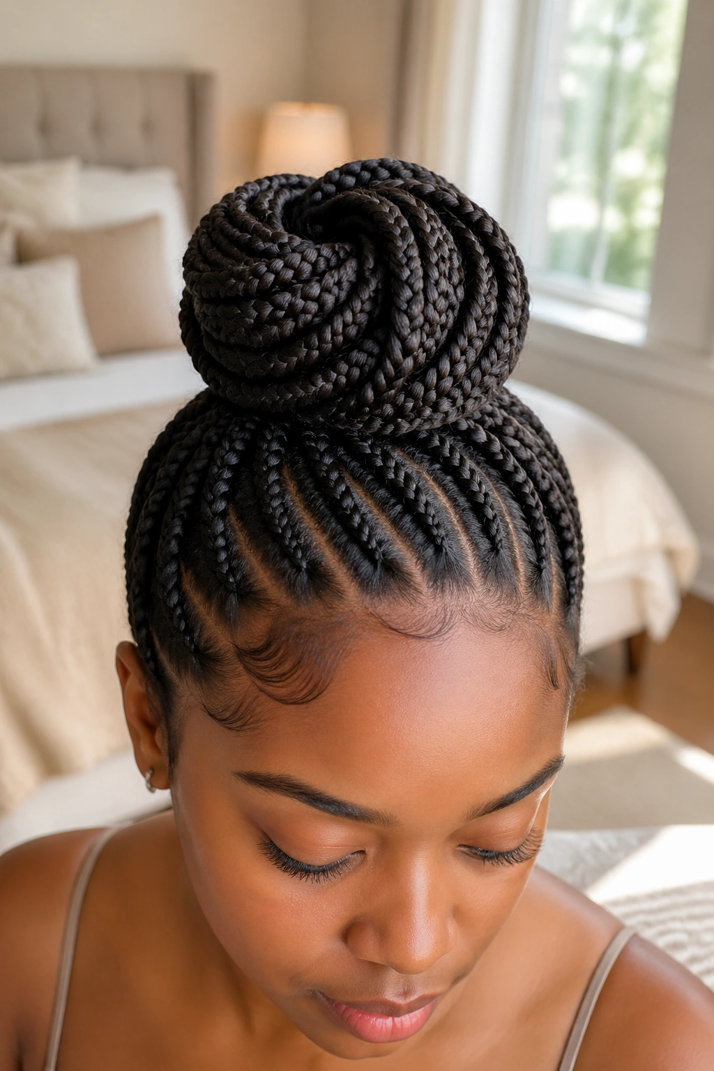 Close-up of a real woman with a twisted donut bun hairstyle