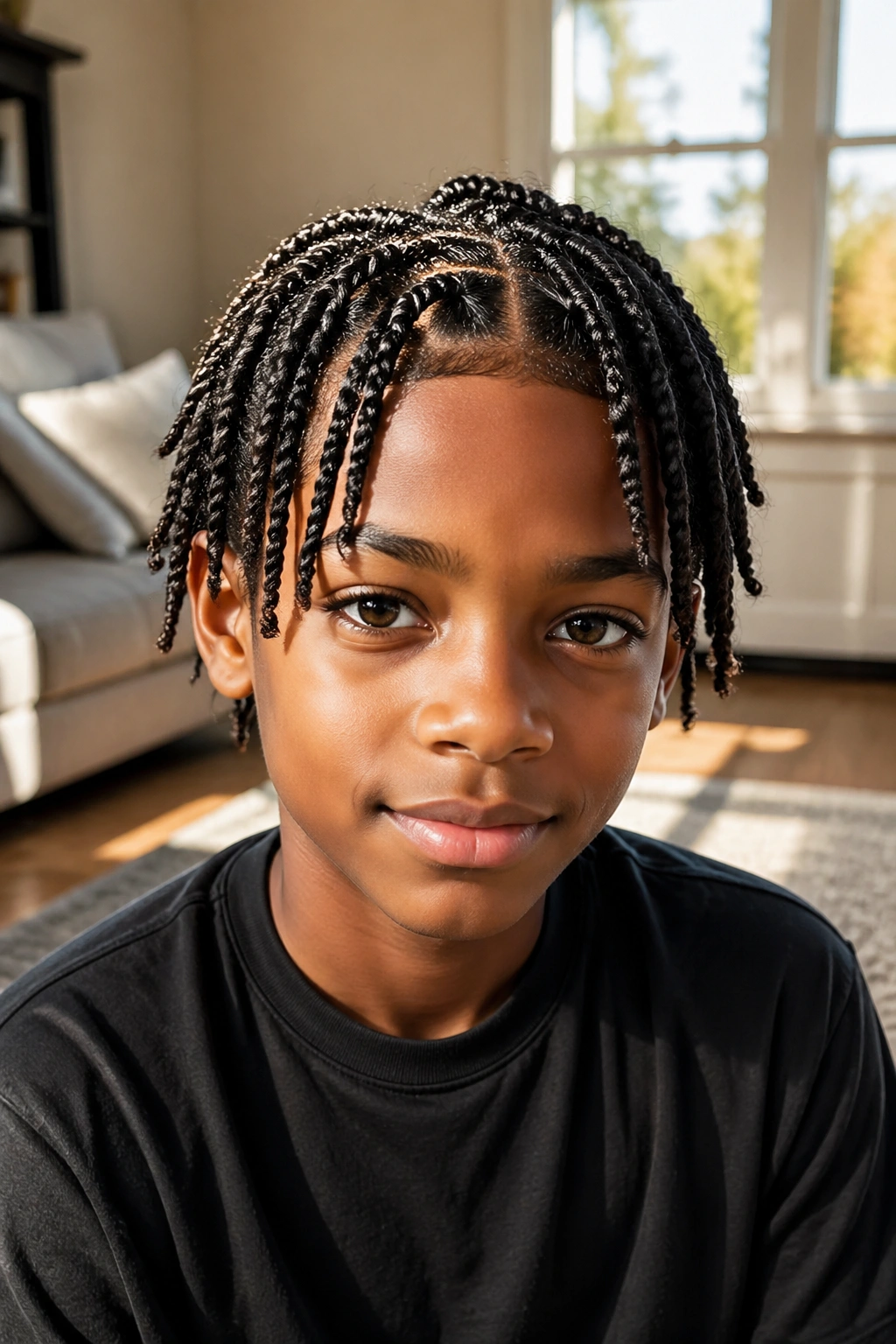 Close-up of a real boy with box braids ending in twists for a soft finish