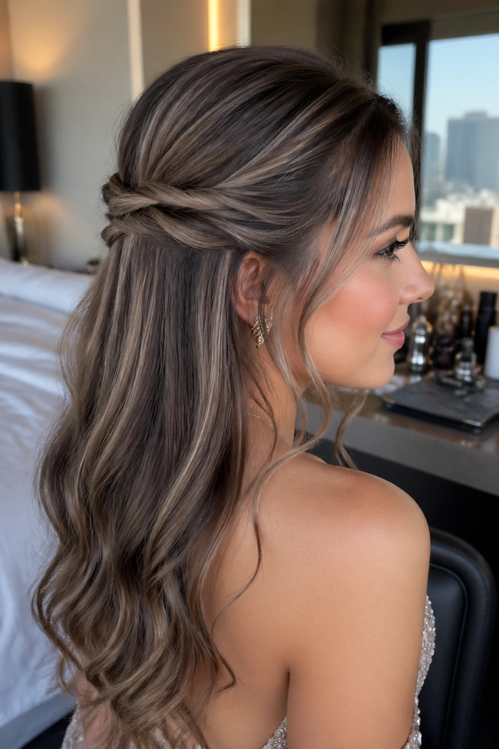 Twisted half-up hairstyle with ash brown glaze on a real woman.