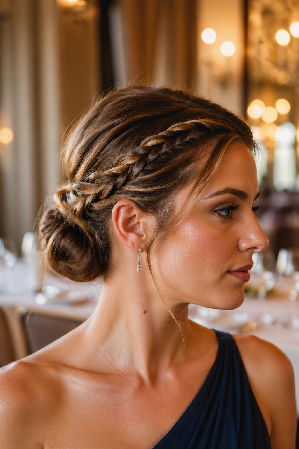 Close-up portrait of woman wearing a twisted halo bun for a formal night