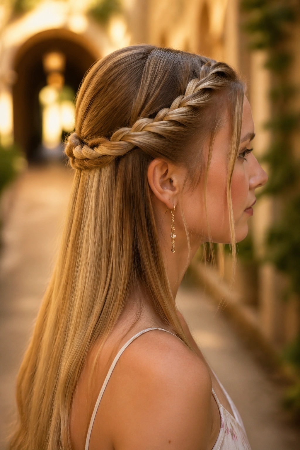 Close-up of a real woman with a twisted halo hairstyle with straight ends