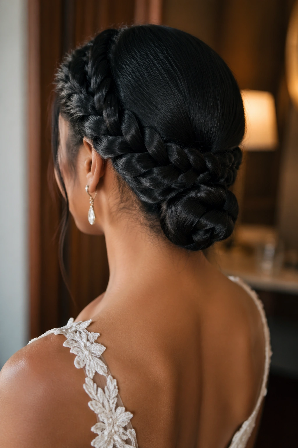 Rear three-quarter view of a real woman with a twisted lace braid knot at the nape