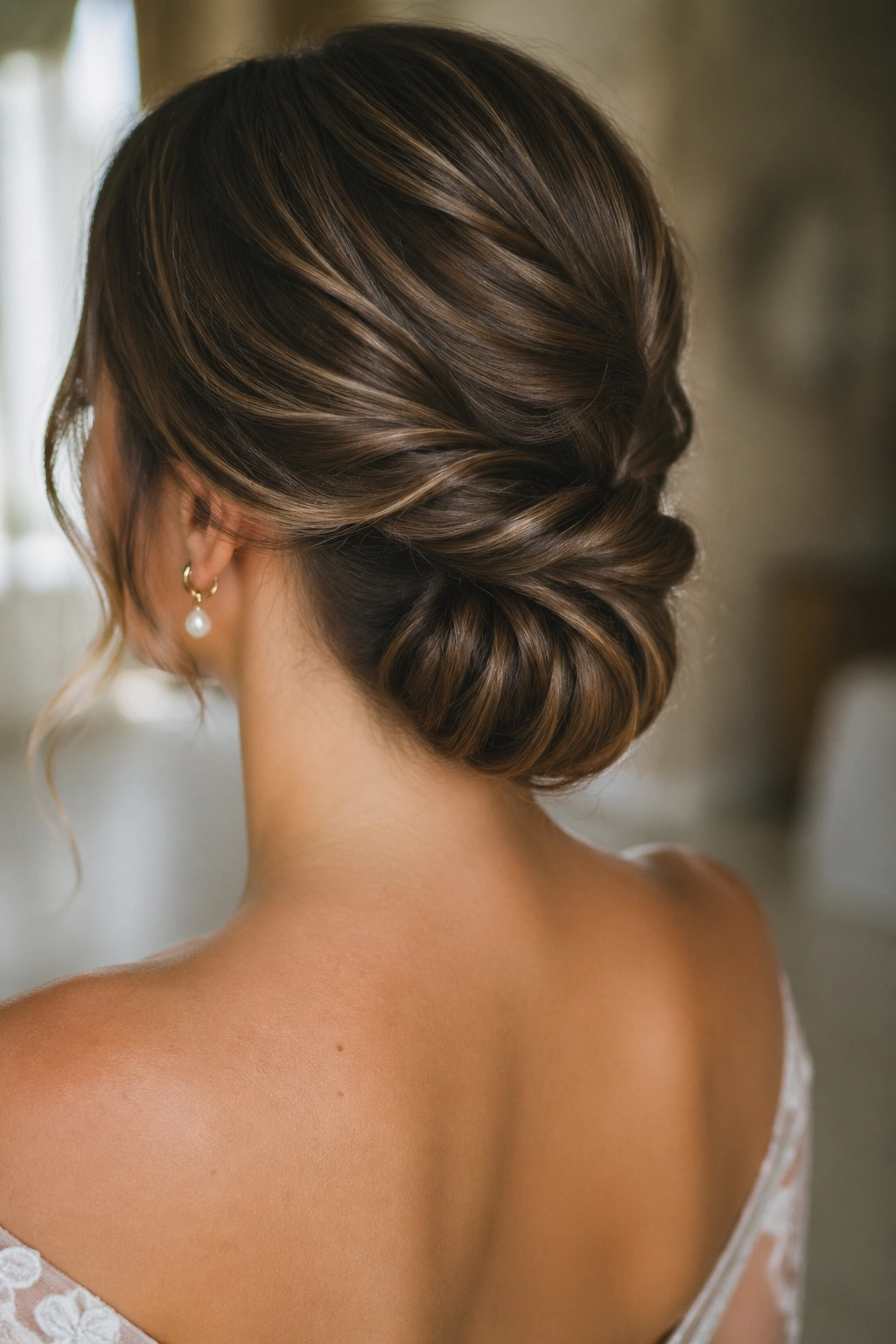Real woman with twisted low knot and smoky brown lowlights