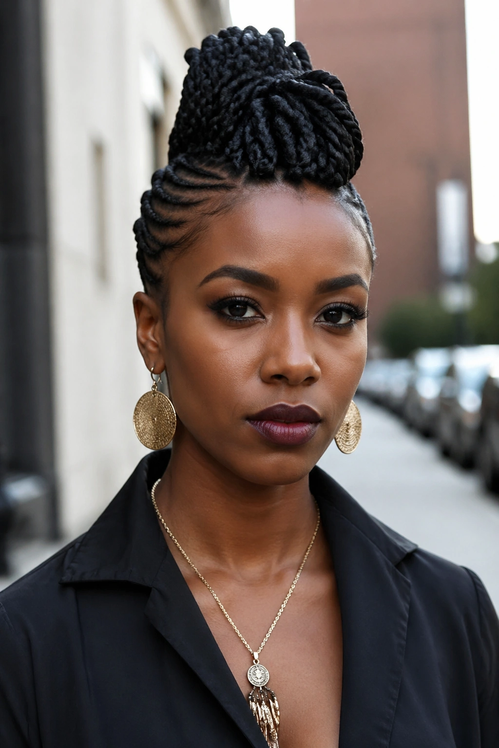 Close-up of a real person with a twisted mohawk and flat-slicked sides in daylight