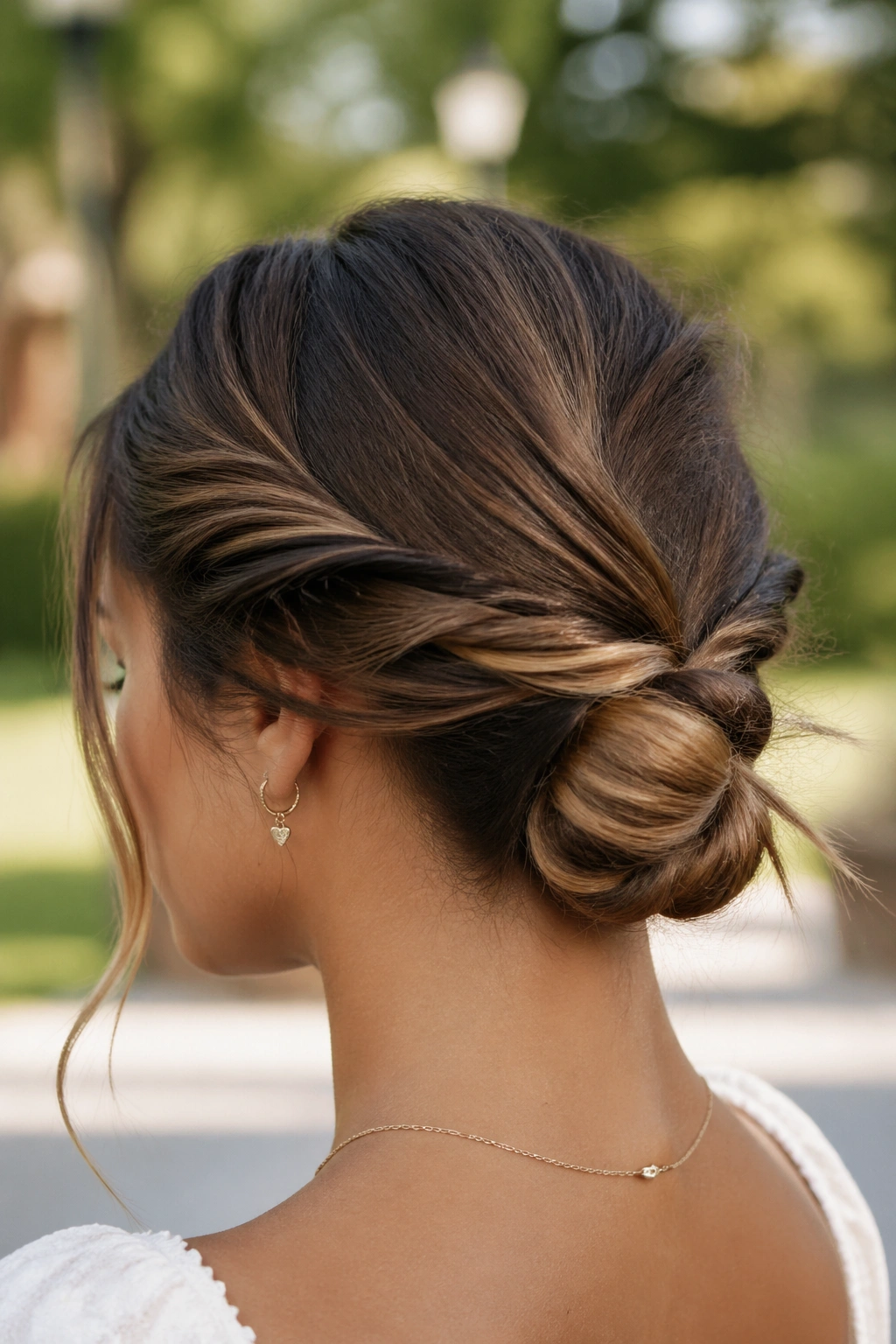 Close-up of a real woman with a twisted nape bun outdoors in sunlight