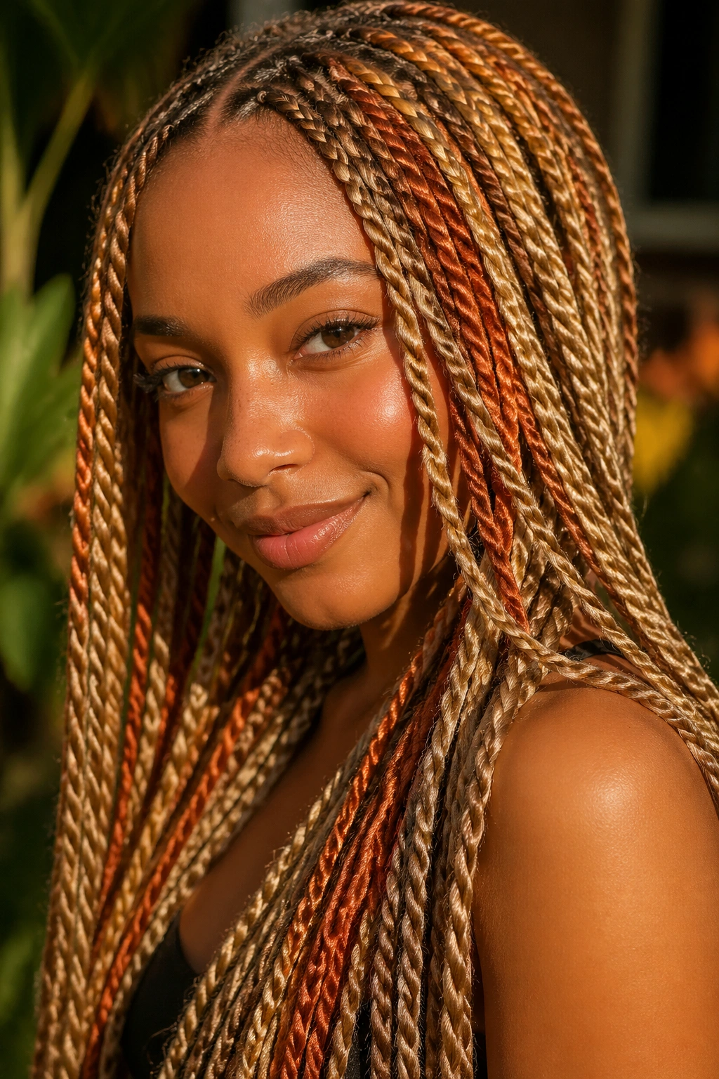 Real woman with copper-streaked honey blonde twists in a sunlit garden.
