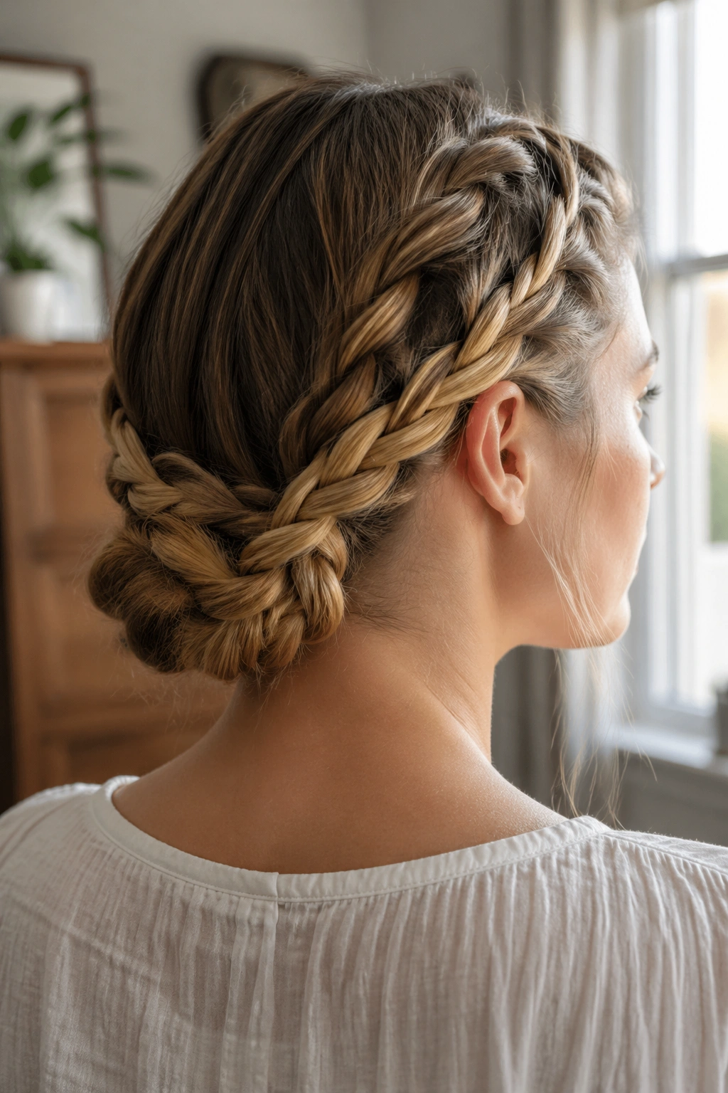 Close-up of a real woman with two-braid twist knot