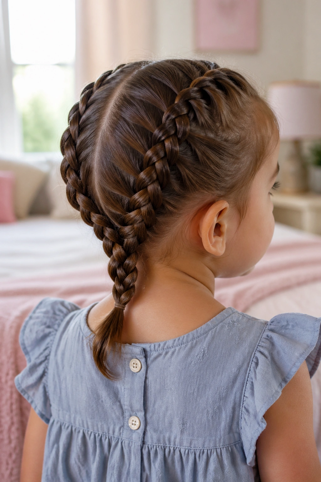 Close-up of a toddler girl with two crown braids joining into a low back braid in a softly lit bedroom