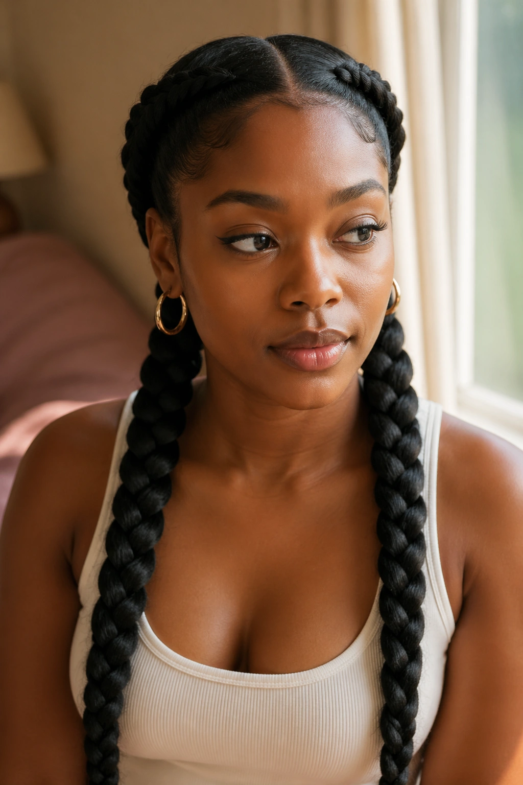 Close-up of a Black woman with two large jumbo braids, centered part, soft indoor lighting.