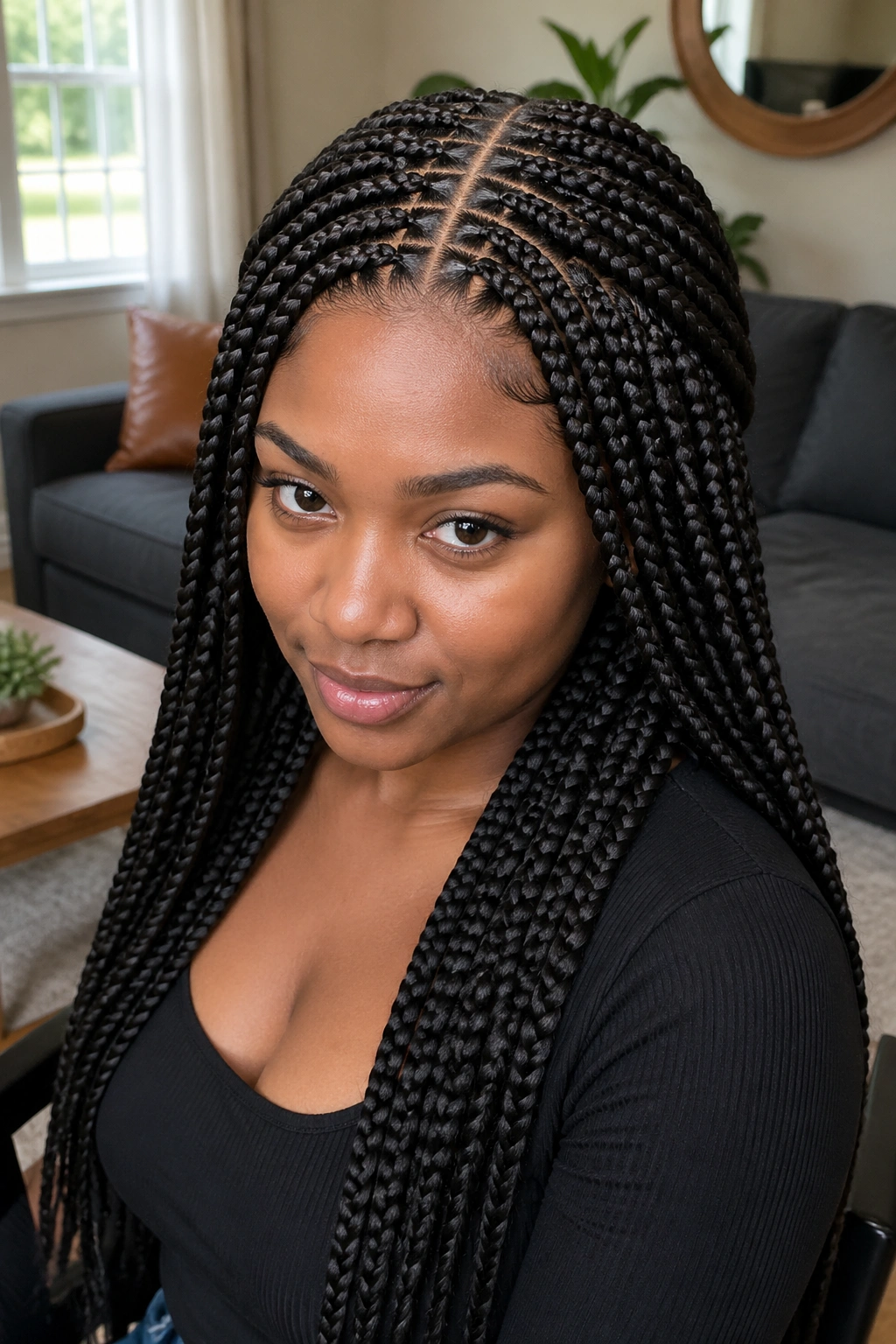 Close-up of a real woman with two-layer stitch braids and a center divide.