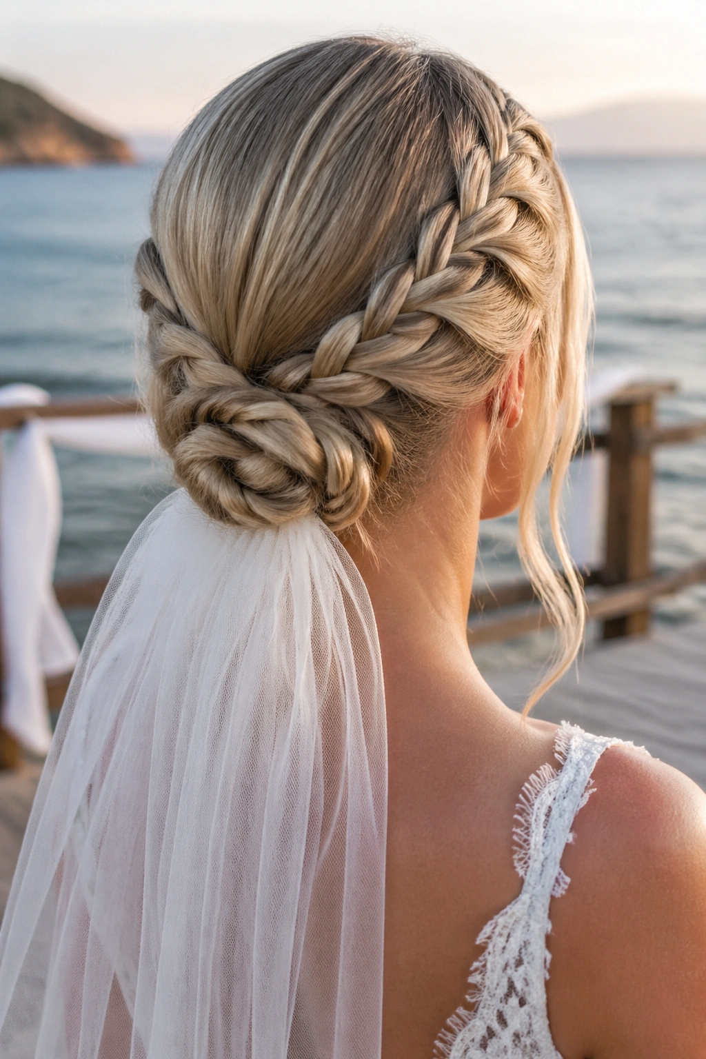 Bride with two rope braids rolled into a low knot at the back