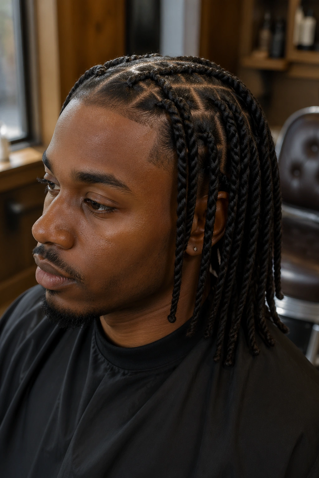 Close-up of a Black man with shoulder-length locs braided into two-strand braids in a barbershop.