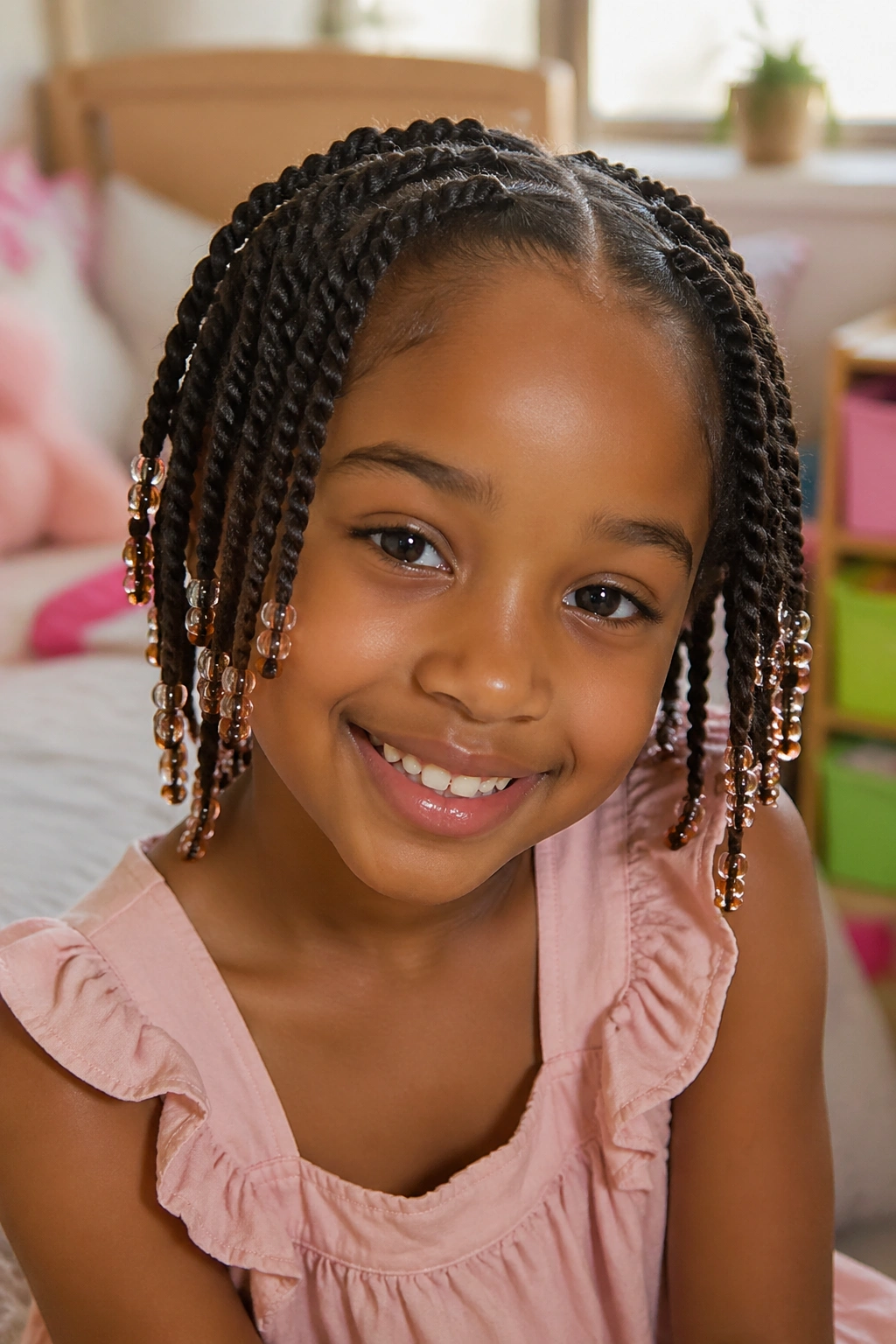 Close-up of a child with two-strand twist braids and small beads at the ends.