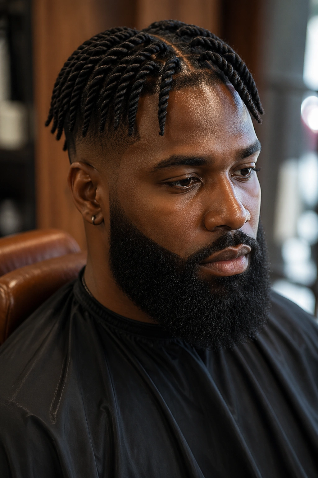 Real man with clean two-strand twists and a full beard in a warm barber chair