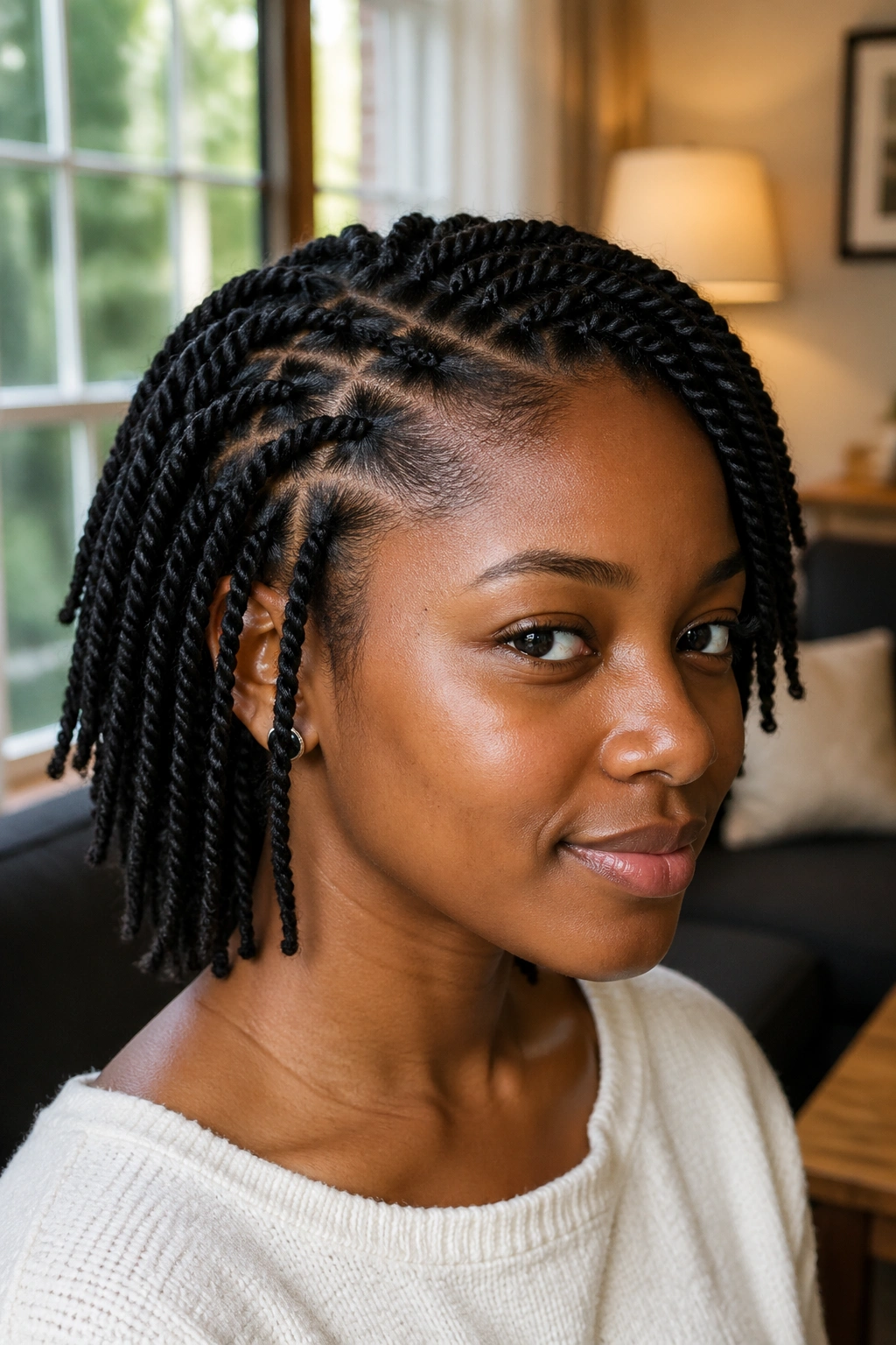 Close-up portrait of a real woman with classic two-strand twists along the scalp in a cozy living room setting