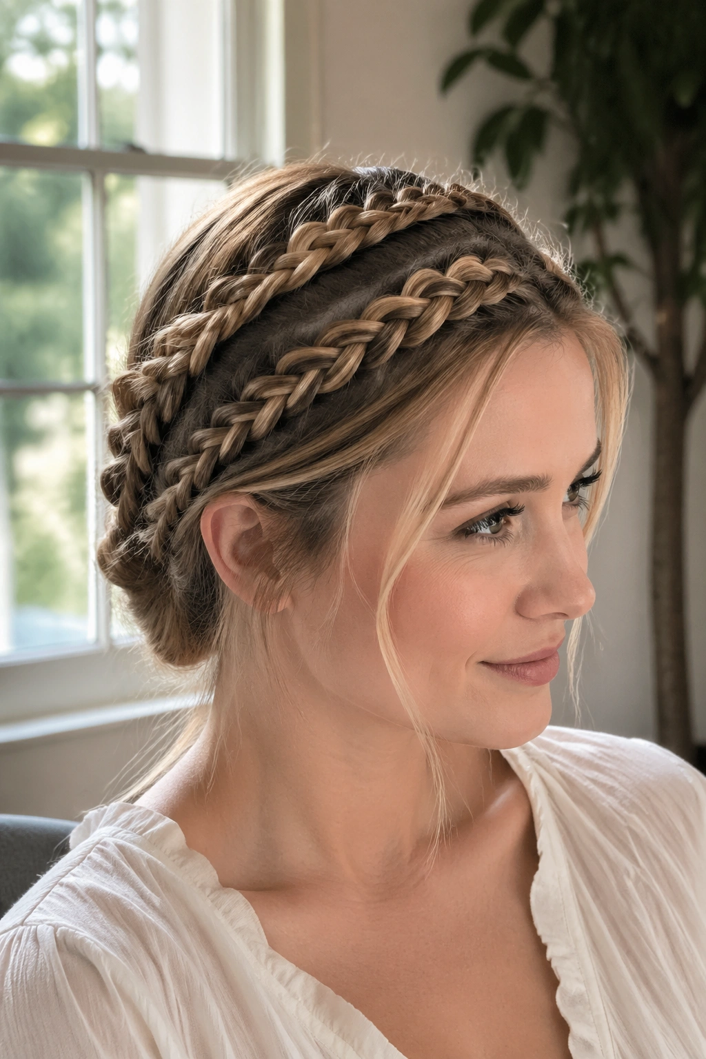 Real woman with two-tier crown braid around the head
