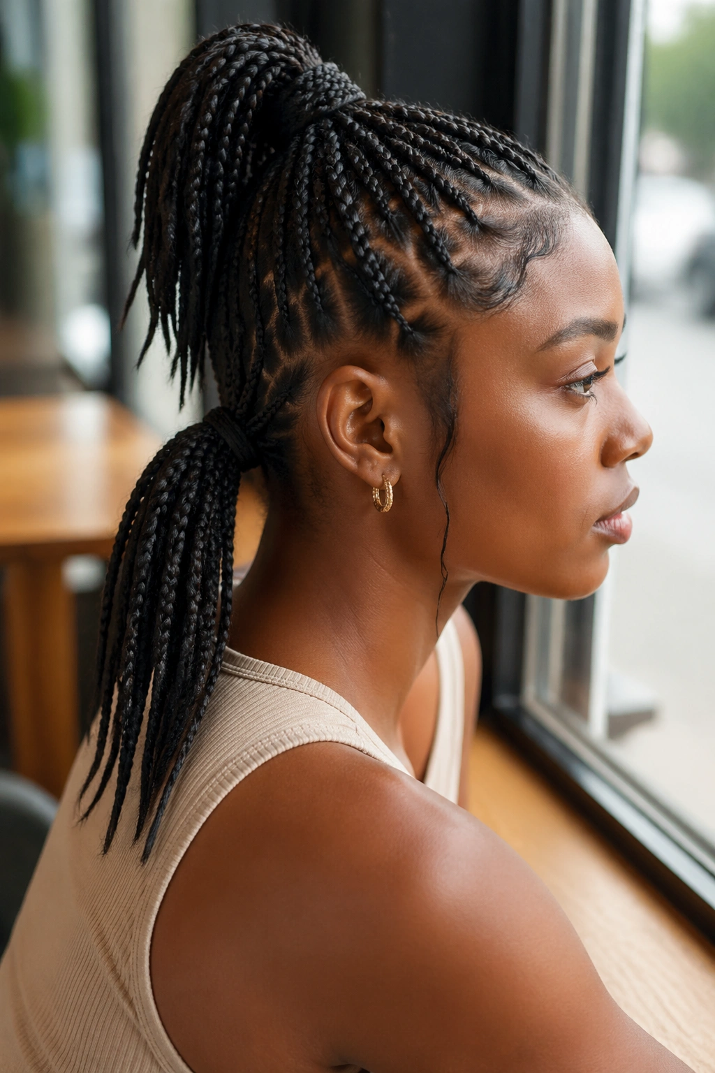 Close-up of a real person with a two-tier ponytail split into two levels
