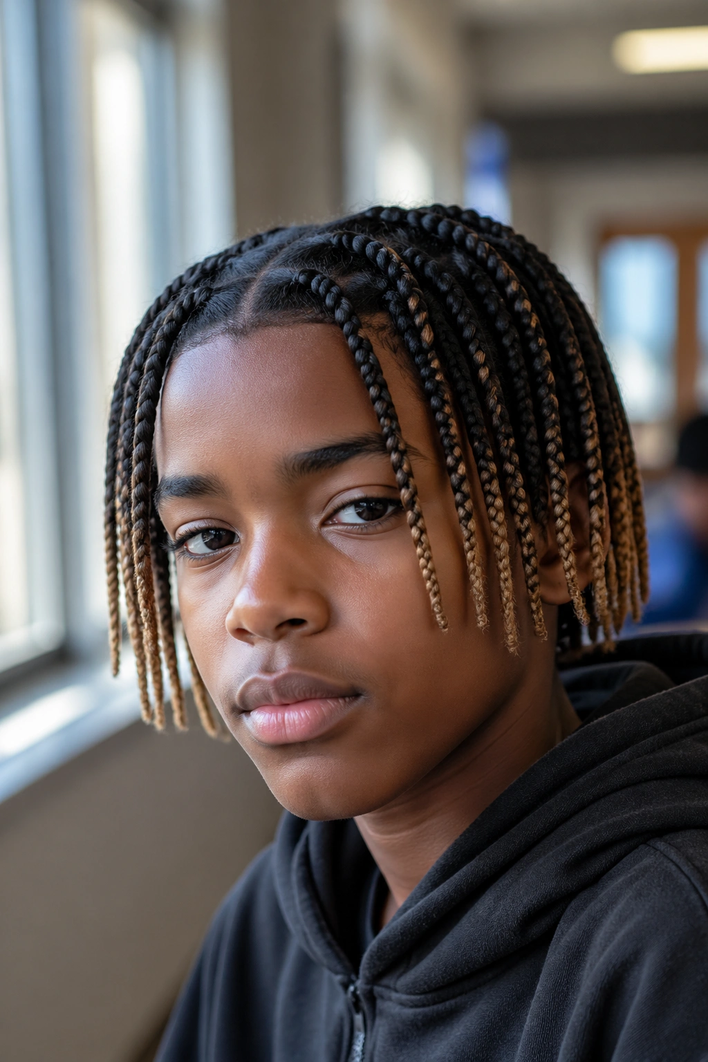 Close-up of a real boy with two-tone medium box braids showing natural roots and colored mid-lengths