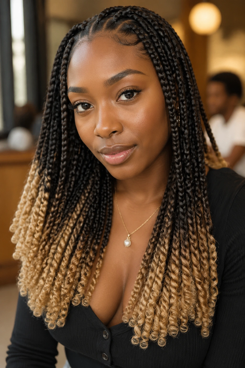 Real person with two-tone braids and crochet color pops close-up