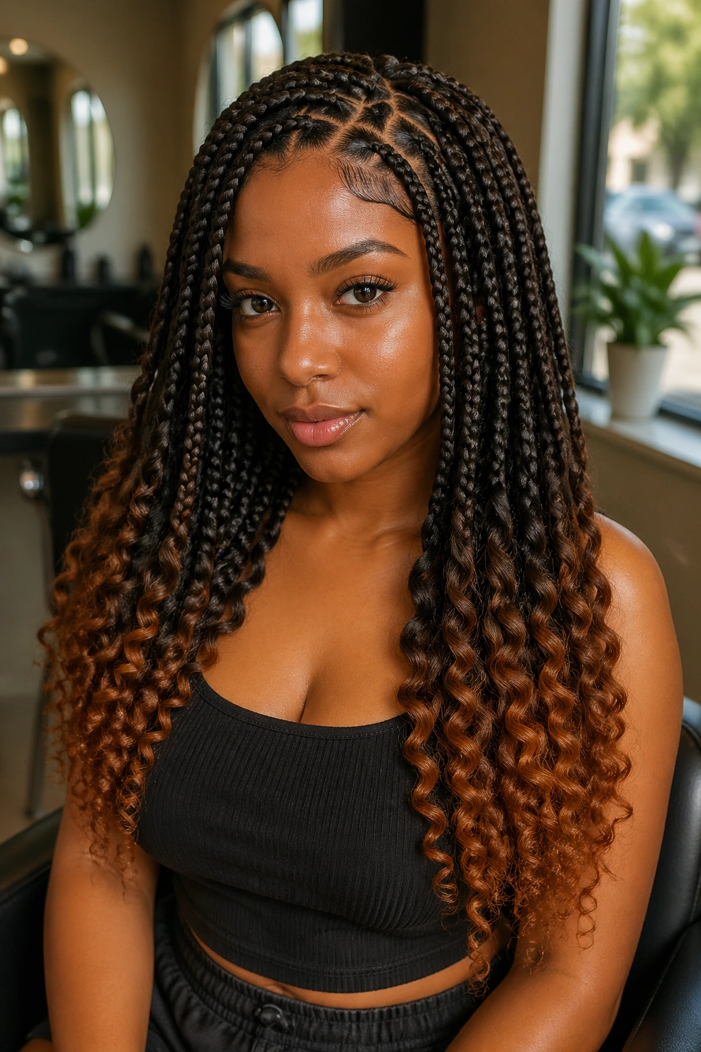 Close-up of real woman with triangle-part box braids and two-tone copper ends in a salon setting
