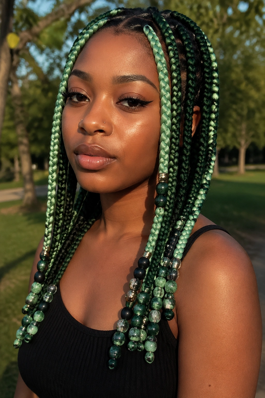Two-tone green braids with mixed beads on a real person in an urban park at golden hour