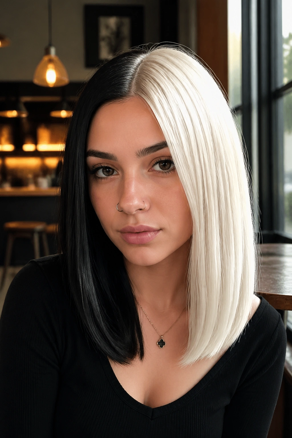 Close-up portrait of a person with center-split black and platinum hair