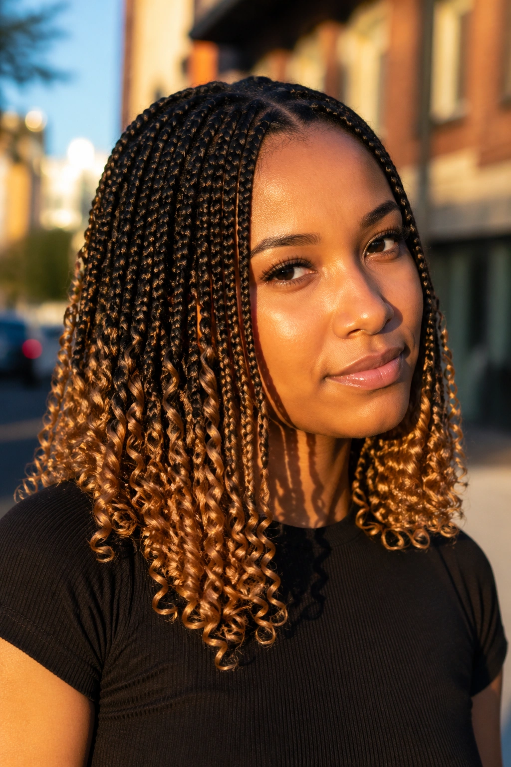Close-up of a real person showing two-tone color on knotless braids with curly ends