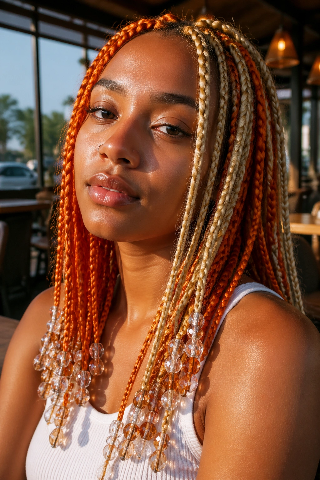 Close-up of a real person with two-tone orange and blonde braids and faceted beads.