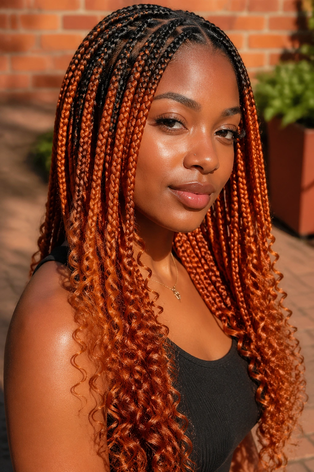 Close-up of a real person with two-tone orange box braids and dark roots in an outdoor courtyard