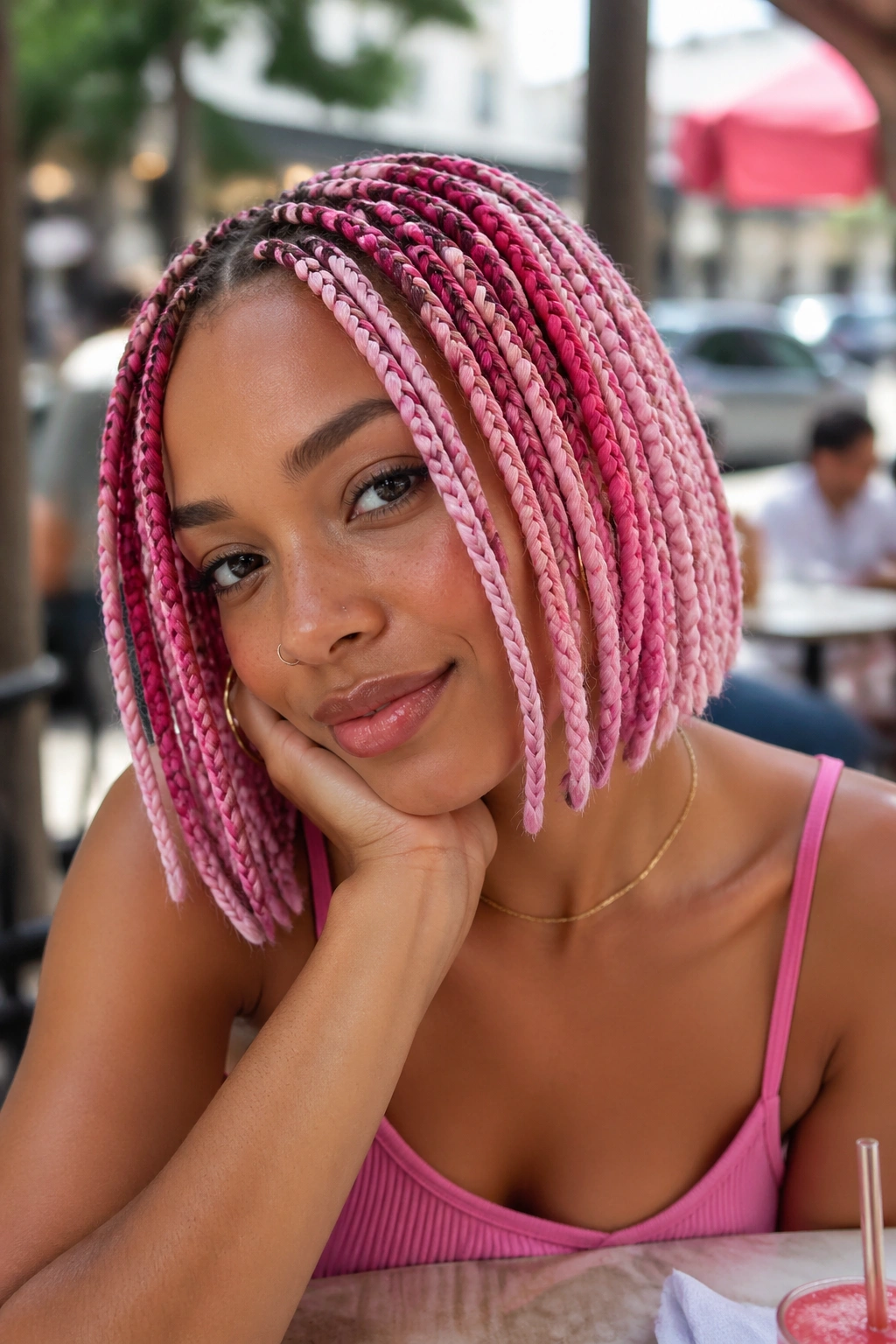 Real person with two-tone pink box braids alternating light and dark pink