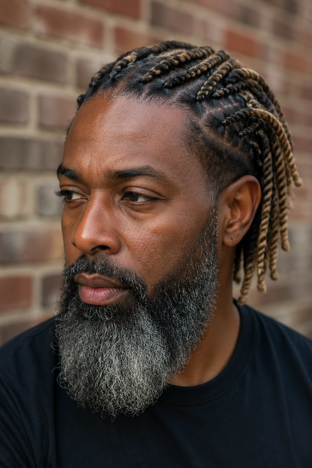 Portrait of a man with two-tone twists and a salt-and-pepper beard in natural light