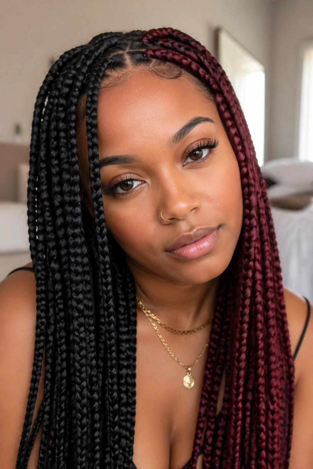 Close-up of a real woman with two-toned braids in black and burgundy, natural window light
