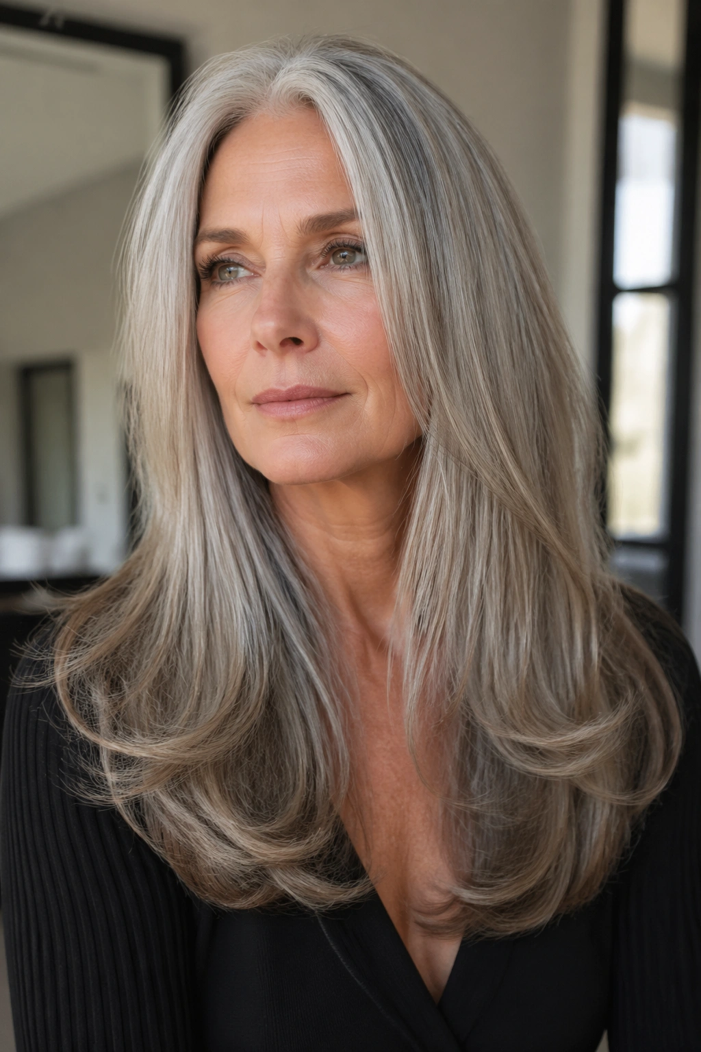 Close-up of a real woman displaying a long U-cut hairstyle