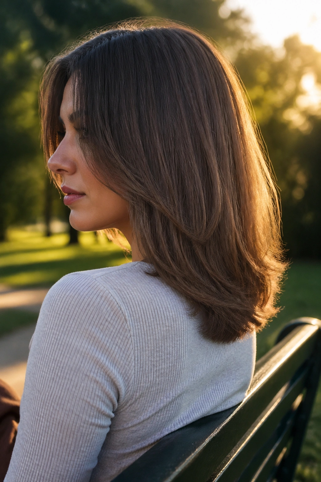 Close-up of a real person with a back-length U-shaped cut and soft curve.
